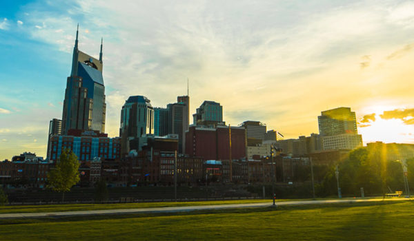 Nashville city skyline at sunset