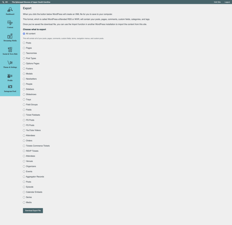 Screenshot of the Common Vision website export tool