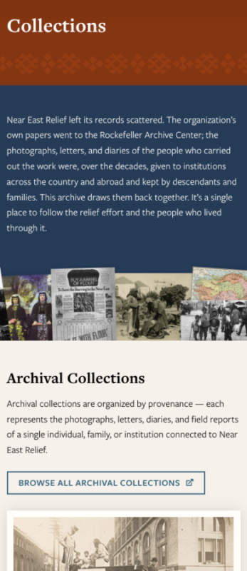 Historical society collections page design on mobile