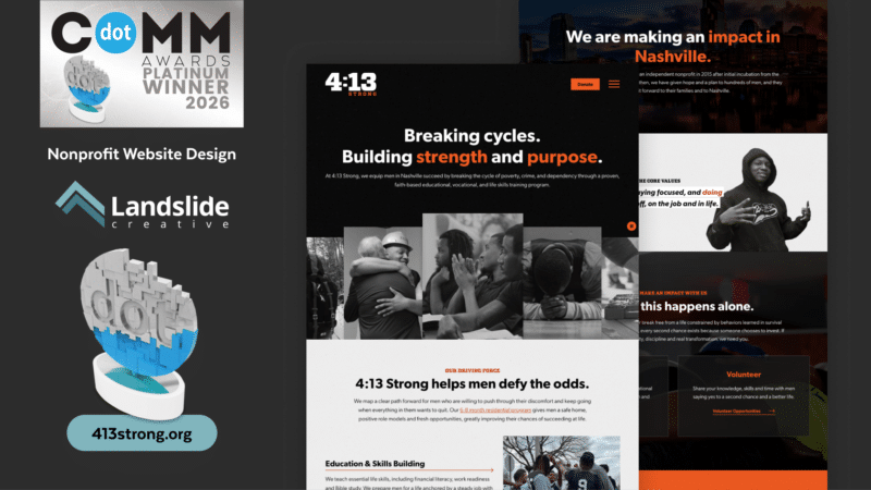 DotComm award logo and trophy with 4:13 Strong website screenshots